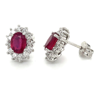 9ct White Gold Oval Ruby & Diamond Cluster Earrings