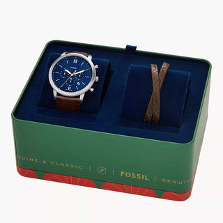 Fossil Neutra Chronograph Brown Leather Watch and Bracelet Box Set
