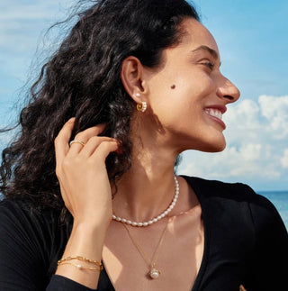 Ania Haie Gold Sparkling Shell Pearl Row Huggie Hoop Earrings