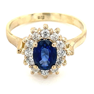 9ct Yellow Gold Earth Grown Oval Sapphire & Diamond Cluster Ring