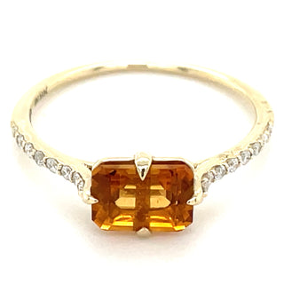 9ct Yellow Gold Horizontal Emerald Cut Citrine Gold & Diamond Shoulder Ringg