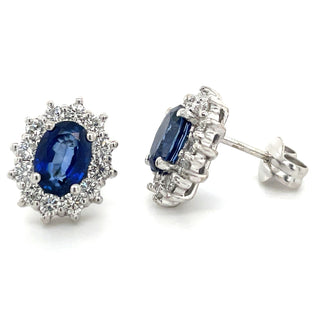 9ct White Gold Earth Grown Oval Sapphire & Diamond Cluster Earrings