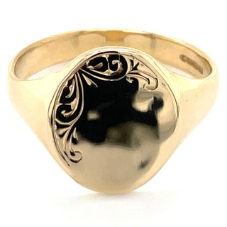 Vintage 9ct Yellow Gold Engraved Oval Signet Ring