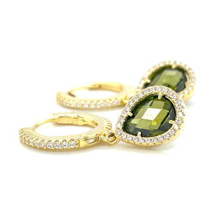 Golden Stone Set Hoop With Green Pear Drop Cz Halo Earrings
