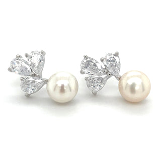 Sterling Silver Triple Pear Cz & Pearl Earrings