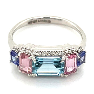 18ct White Gold Aquamarine, Pink Tourmaline, Tanzanite & Diamond Ring
