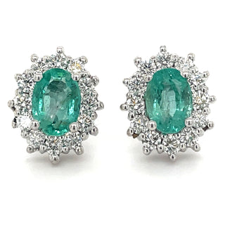 9ct White Gold Earth Grown Oval Emerald & Diamond Cluster Earrings