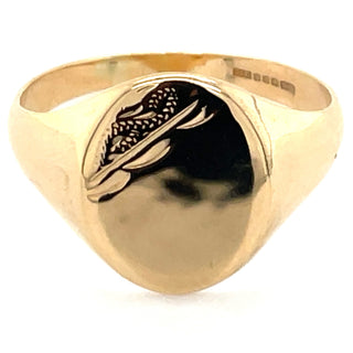 Vintage 9ct Yellow Gold Leaf Design Oval Signet Ring