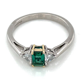 Vintage 18ct White Gold Emerald and Earth Grown Diamond Trilogy Ring