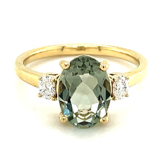 9ct Yellow Gold Oval Green Amethyst and Diamond Ring
