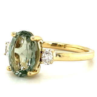 9ct Yellow Gold Oval Earth Grown Green Amethyst and Diamond Ring