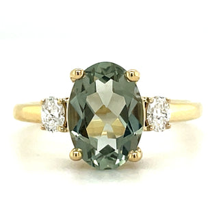 9ct Yellow Gold Oval Green Amethyst and Diamond Ring