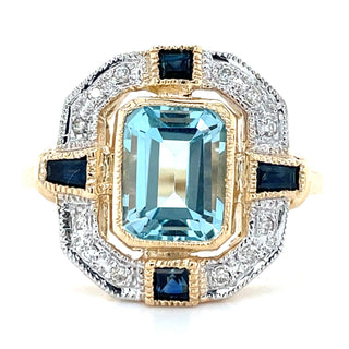 Vintage 9ct Yellow Gold Earth Grown Deco Blue Topaz, Sapphire and Diamond Ring