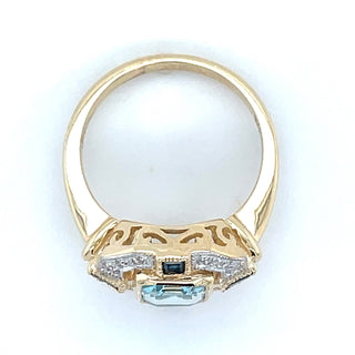 Vintage 9ct Yellow Gold Earth Grown Deco Blue Topaz, Sapphire and Diamond Ring