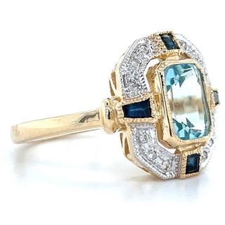 Vintage 9ct Yellow Gold Earth Grown Deco Blue Topaz, Sapphire and Diamond Ring
