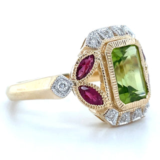 9ct Yellow Gold Deco Inspired Earth Grown Emerald Cut Peridot, Ruby and Diamond Ring