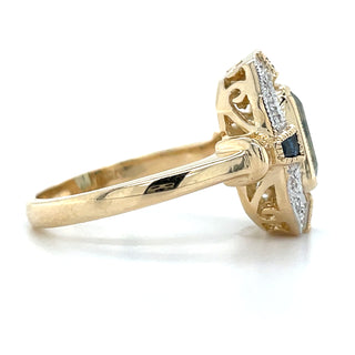 Vintage 9ct Yellow Gold Earth Grown Deco Blue Topaz, Sapphire and Diamond Ring