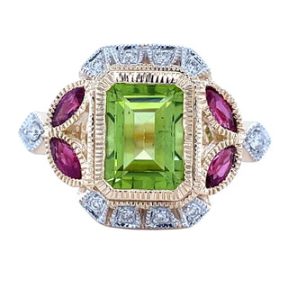 9ct Yellow Gold Deco Inspired Earth Grown Emerald Cut Peridot, Ruby and Diamond Ring