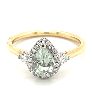 9ct Yellow Gold Pear Cut Green Amethyst and Diamond Ring