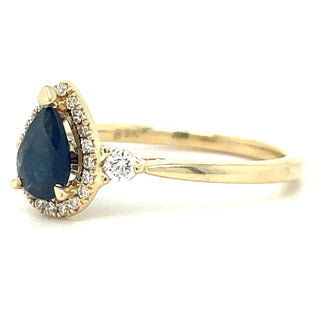 9ct Yellow Gold Pear Cut Sapphire and Diamond Halo Ring