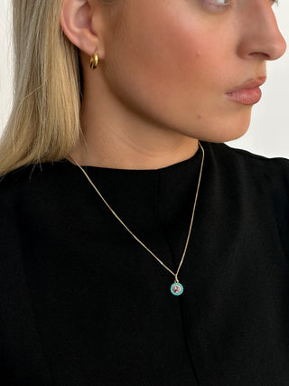 14ct Yellow Gold Earth Grown Pink Tourmaline, Turquoise and Diamond Round Necklace