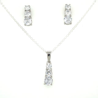 Sterling Silver Cz Graduated Drop Earring & Necklace Set