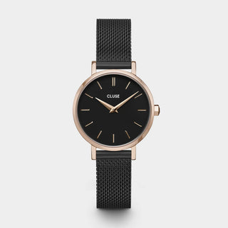 Cluse Boho Chic Petite Watch Mesh, Full Black, Rose Gold Colour