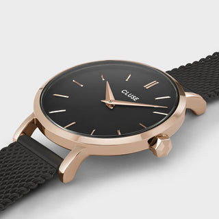 Cluse Boho Chic Petite Watch Mesh, Full Black, Rose Gold Colour
