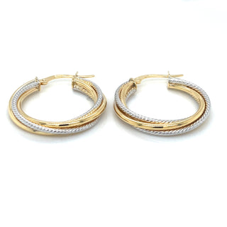 9ct Gold Two Tone Textured Twist Hoop Earrings
