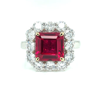 18ct White Gold Lab Grown 3.28ct Ruby with 1.60ct Diamond Halo Ring