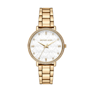 Michael Kors Golden Three Hand Watch with White Face and cz Detail