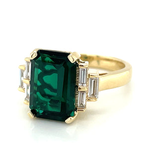 14ct Yellow Gold Laboratory Grown 4.46ct Emerald with Side Baguette Diamonds