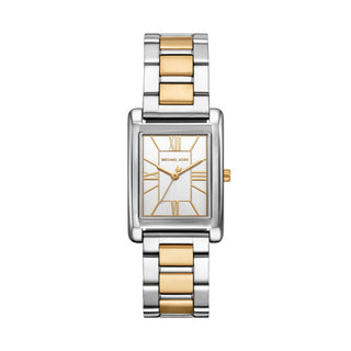 Michael Kors Two Tone Square Three Hand Watch with White Dial and Golden Digits