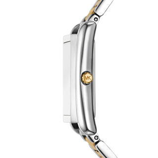 Michael Kors Two Tone Square Three Hand Watch with White Dial and Golden Digits