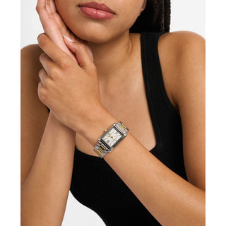 Michael Kors Two Tone Square Three Hand Watch with White Dial and Golden Digits