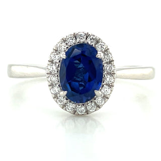 14ct White Gold Laboratory Grown 1.02ct Oval Sapphire & 0.12ct Diamond Halo Ring