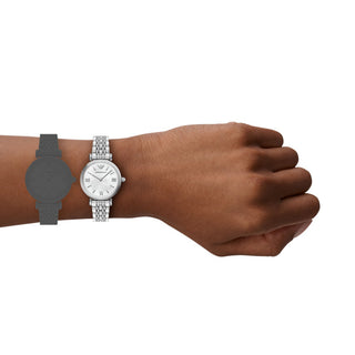 Emporio Armani Ladies Silver Gianni T-Bar Watch with White Dial