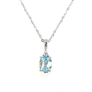 9ct White Gold Diamond & Oval Aquamarine Pendant Necklace