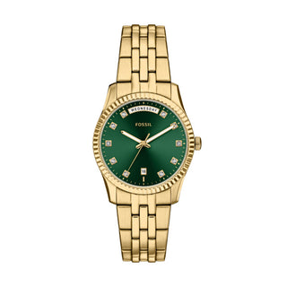 Fossil Scarlette Golden Three Hand Watch with Green Dial and CZ Digits