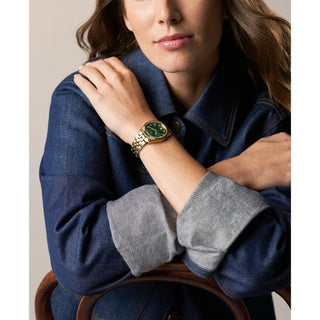 Fossil Scarlette Golden Three Hand Watch with Green Dial and CZ Digits