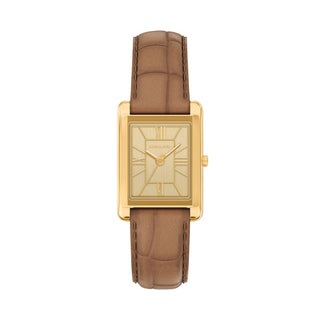 Michael Kors Essex Golden Square Three Hand Watch With Brown Leather Strap