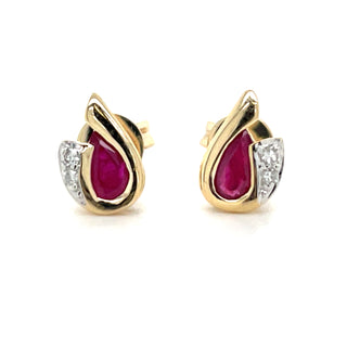 9ct Yellow Gold Ruby And Diamond Stud Earrings