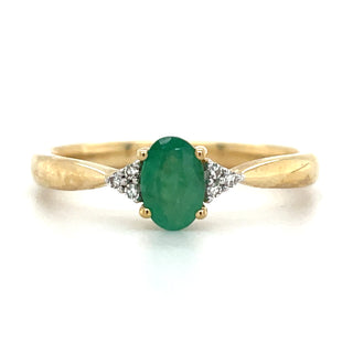 9ct Yellow Gold Earth Grown Oval Emerald Ring with Side Diamonds