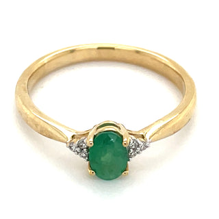 9ct Yellow Gold Oval Emerald Ring with Side Diamonds