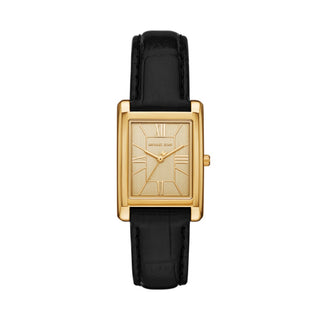 Michael Kors Essex Golden Square Three Hand Watch With Black Leather Strap