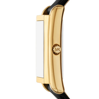 Michael Kors Essex Golden Square Three Hand Watch With Black Leather Strap