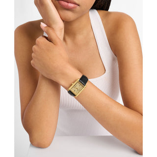 Michael Kors Essex Golden Square Three Hand Watch With Black Leather Strap