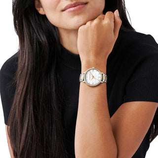 Michael Kors Two Tone Three Hand Watch with White Face and cz Detail