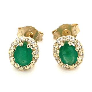 9ct Yellow Gold Emerald & Diamond Halo Gold Earrings