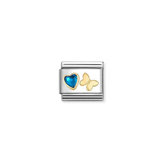COMPOSABLE CLASSIC CHARMS in Steel, Cz FACETED with SYMBOLS, 18K Gold Blue cz Heart with Butterfly